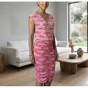 Vintage Adrianna Papell Dress 80s Red White Abstract Ruched Blouson bodycon